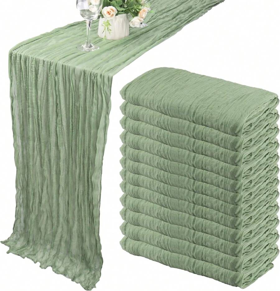 12 Pack Boho Gauze Table Runner - 35x72 Inch Rustic Cheese Cloth Long Table Runner For Wedding, Bridal Shower, Birthday Party Decor (Dusty Sage Green) - 綠色 - 查看 1