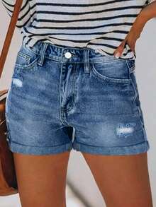 Summer New European Street Style Casual Versatile Commuting Vacation High-Waisted Cuffed Women Jeans