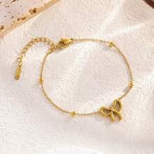 4pcs Stainless Steel Gold Plated Princess Bow Jewelry Set - Necklace, Bracelet, Earrings 3-Piece Set, Elegant & Versatile Accessories Suitable For Women Daily Commute Wear