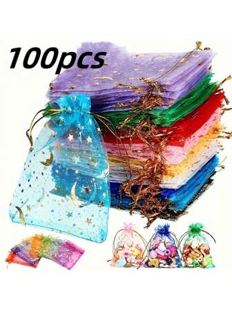 100 /50/20Pcs, Moon Star Drawstring Organza Bag - Great For Jewelry, Party Favors - Mix Of Colors For Weddings, Valentine's Day And Christmas!