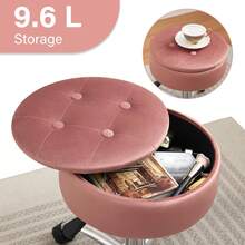 Taburete giratorio para tocador, taburete con ruedas, taburete rodante redondo con almacenamiento, taburete de escritorio con ruedas, taburete ajustable, taburete de oficina, otomano, rosa 34 cm de diámetro - Rosa - Ver 5