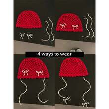 DIY Pearl Bow Pendant Hollow Handmade Knitted Pullover Hat Street Breathable Short Brim Personalized Skull Beanie Cap Korean - Red - View 6