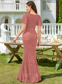 Elegant V-Neck Full Lace Ruffle Sleeve Mermaid Hem Formal Evening Party Maxi Dress, For Homecoming, Wedding Guest, Graduation