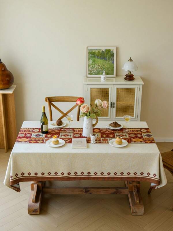 1pc Geometric Pattern Rectangular Tablecloth, Retro Textured, Elegant Decor For Cafe, Afternoon Tea, TV Stand, Coffee Table