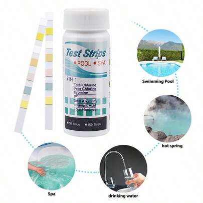 7w1 100 pasków testowych jakości wody, wielofunkcyjne paski testowe do basenów i SPA, paski testowe do wanien z hydromasażem do dokładnego pomiaru pH, twardości, całkowitego chloru, całkowitej zasadowości, kwasu cyjanurowego i bromu, łatwa do monitorowania jakość wody w basenie, do czyszczenia basenów ogrodowych, do wanien z hydromasażem i spa