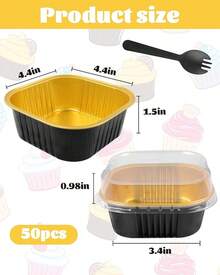 Moldes de papel de aluminio pequeños cuadrados para hornear, 50 unidades, charola desechable con tapa, contenedor para cupcakes, brownies, pasteles de queso, color dorado - Negro - - Ver 4