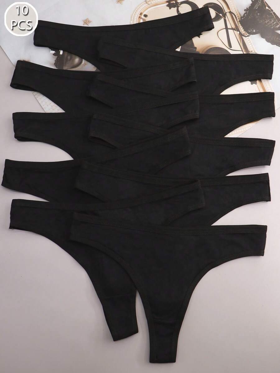 10 pièces Culotte-string sport minimalist confortable et respirante pour femme - Noir - Voir 1