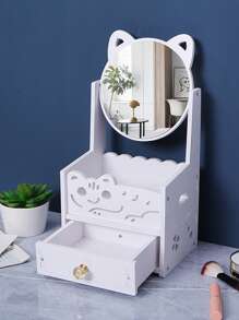 1 Stück Kosmetikspiegel mit Schubladen, zweistöckige Aufbewahrungsbox, staubdichter Make-up Organizer Regal, Tischspiegel mit Fächern