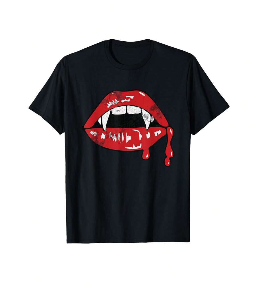 Vampire Lips Lazy Halloween Costume Blood Fangs T-Shirt Men Tshirts Gift For RV Owners - Black - View 1