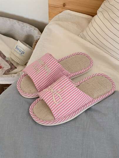 XIXITIAO Women's INS Style Striped Letter & Bow Pattern Comfy Absorbent Slip-On Flat Linen House Slippers, Suitable For All Seasons