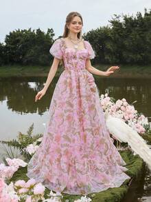 Faeriesty 奢华浪漫的泡泡袖方形领口花卉礼服——复古风荷叶边裙、精致薄纱层和层叠侧褶边，适合异想天开的花园和复古风格的婚礼活动