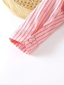 Young Boy Delicate Embroidery + Fresh Striped! Casual Spring & Autumn Polo Shirt, Suitable For Daily Outings And School, Simple Yet Chic - Pink - View 8