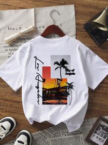 1 pieza Camiseta de manga corta con estampado de palmera blanca y puesta de sol, apta para niños y adolescentes, camiseta de verano, para estudiantes jóvenes