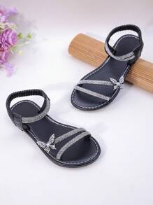 Rhinestone Bow Decor Girls Sandals, Black Minimalist Style With Elastic Strap, Fashionable Princess Shoes