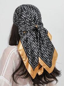 1pc Letter Print Imitation Silk Scarf, Women Square Scarves 90cm Large Scarf, Fashion Shawl, Street Wear Headband, Neck Wrap