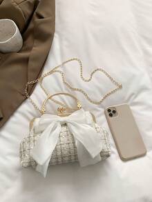 2025年新款链条亮片装饰晚宴包，时尚明星款手拿包、单肩包、斜挎包，纯色 - 白色 - 查看 4