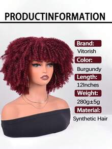 Short Afro Kinky Curly Wig With Bangs For Women High Temperature Synthetic Hair Wig Curly Afro Wigs For Women - Curly Afro Wigs Black Wig For Women Brown Gold Gradient 12 Inch Replacement Wigs Party Use Natural Black Hair Carnival Cosplay Wigs - 酒紅色 - 查看 4