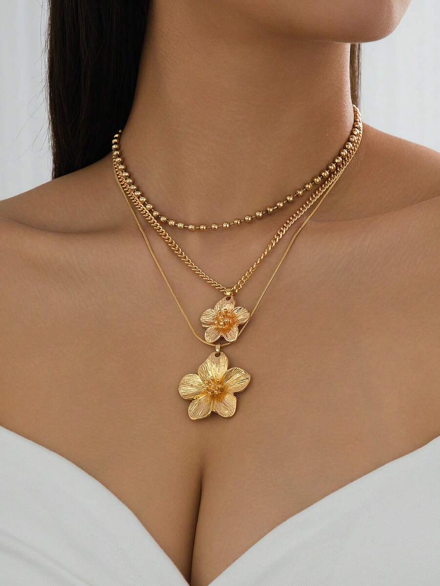 1 件优雅复古奢华纹理金色五瓣花多层吊坠项链，适合日常佩戴/音乐节