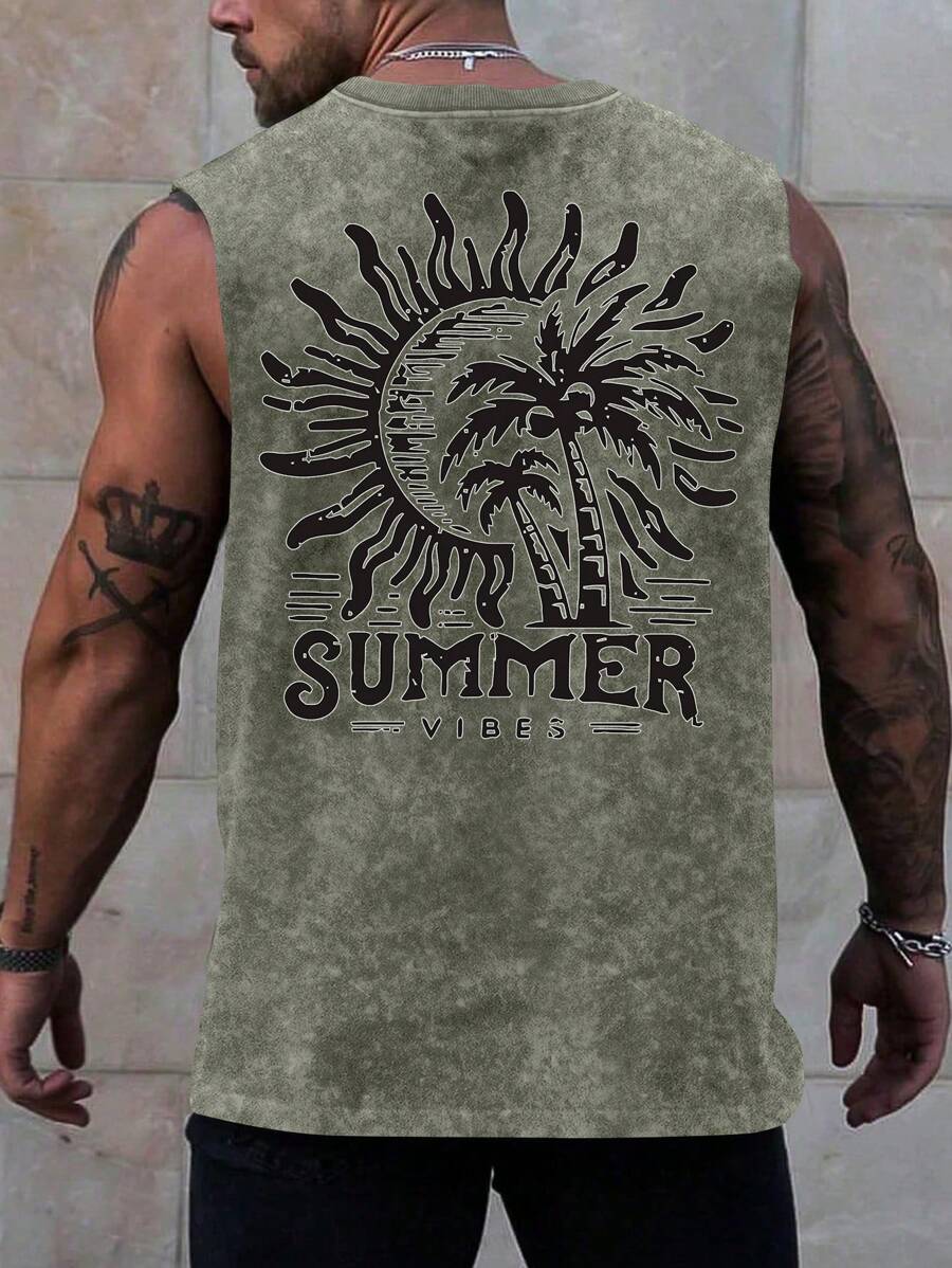 Camiseta de tirantes casual para hombre, desgastada y desteñida, para verano, outdoor, senderismo y playa, con estampado de letra y palmera