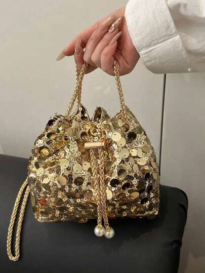 1 件闪亮金色亮片抽绳封口 PVC 肩带，装饰性彩色串珠女士水桶单肩包，时尚礼物，适合派对礼服、毕业礼服、亮片礼服、优雅礼服、新娘派对
