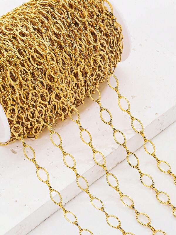 1m/2m Fashionable Stainless Steel Embossed Oval Hollow Stamped Flat Chain, Gold Color For DIY Jewelry, Necklace, Bracelet, Anklet, Body Chain, Bag Accessories, Keychain, Etc.