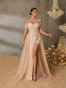 Faeriesty Faeriesty Chic & Glamorous Beaded Off-Shoulder Short Sleeve Maxi Party Dress With Layered Tulle Skirt And High Slit For Red-Carpet Galas, Black-Tie Dinners, Luxury Wedding Receptions, Exclusive Banquets, Formal Charity Events​