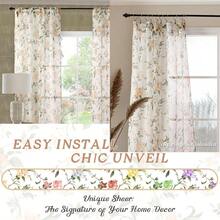 Cortinas vaporosas con estampado floral para la sala de estar, cortinas semitransparentes de efecto lino para el dormitorio que filtran la luz, 84 pulgadas de largo, 2 paneles de 52 pulgadas de ancho, color champán - Beige champán - Ver 7
