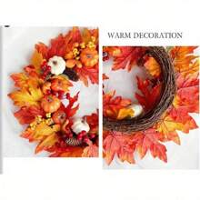 1Pc Autumn Door Wreath Christmas Halloween Decoration Pumpkin Berry Pine Cone Maple Artificial Wreath Cloth Rattan Material Home Decoration