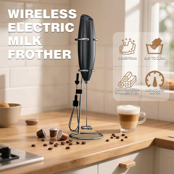 Upgraded Electric Egg Beater, Wireless Coffee And Milk Mixer, Equipped With Two 304 Stainless Steel Mixing Heads, Easy Battery Disassembly, One Click Start And Easy Cleaning, Suitable For Egg Beater, Coffee And Milk Mixer, Cream Whisk, Bean Puree, Kitchen Coffee Shop Gadget