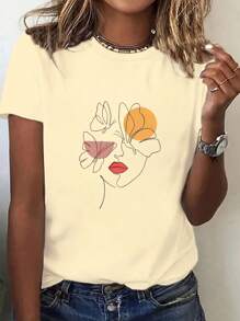 T-shirt da donna con grafica volto femminile in stile lineare, taglie comode, casual e adatta all'uso quotidiano