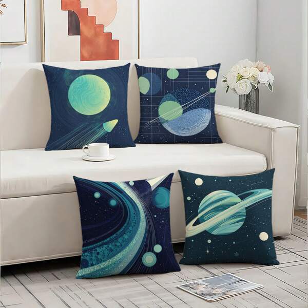 Modern Simple Geometric Lines Bohemian Planet & Meteor Pattern Print Pillowcase For Living Room Sofa, Bedroom Sofa, Bed, Car Decoration Cushion Cover [Single Sided Printing] [No Pillow Core]