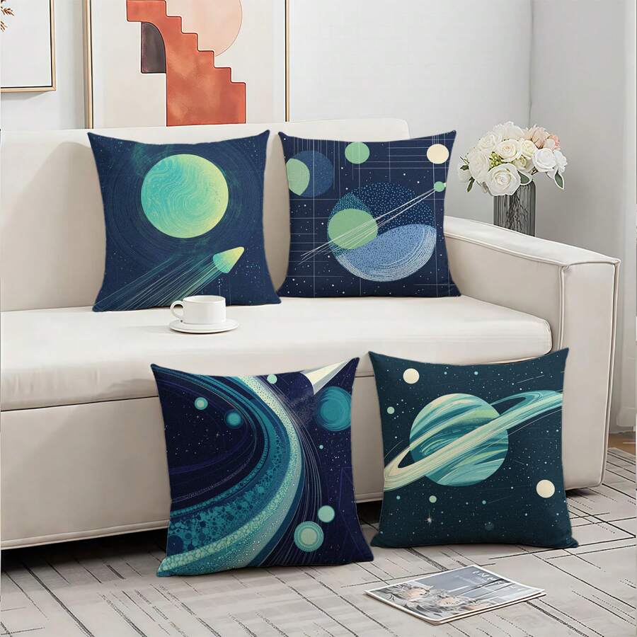 Modern Simple Geometric Lines Bohemian Planet & Meteor Pattern Print Pillowcase For Living Room Sofa, Bedroom Sofa, Bed, Car Decoration Cushion Cover [Single Sided Printing] [No Pillow Core]