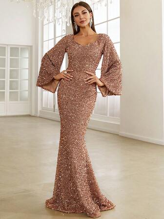 Missord Sequin Sweetheart Neck Trumpet Sleeve Mermaid Hem Floor Formal Gown Elegant Long Sleeve Prom Evening Wedding Guest Dress, For Graduation, Dinner Party Dress