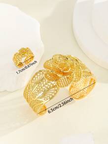 2pcs Vintage Elegant 18K Gold Plated Hollow Floral Women Bracelet Rings Jewelry Set, Suitable For Daily, Festival Wear, Party Or Wedding Gift