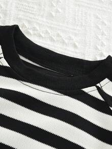 Set de 2 piezas de ropa casual de primavera/otoño para niñas pequeñas, que incluye blusa de manga larga con cuello de solapa a rayas y pantalones campana de unicolor - Blanco - Ver 3