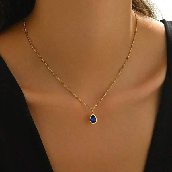 1pc Copper Alloy Zirconia Blue Sapphire Teardrop Shaped Pendant Necklace, Gold Plated Women's Fashion Jewelry Suitable For Daily, Party Outfit And Holiday Gifting