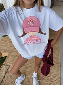 1 pieza Camiseta informal de manga corta y cuello redondo estampada para niñas, prenda de vestir juvenil de verano - Camiseta con estilo de letra en inglés minimalista que inspira la imaginación y la autoexpresión