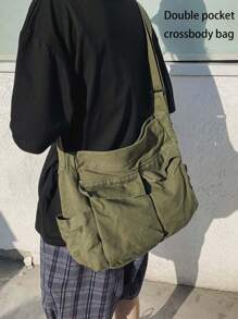Oversized Washed Canvas Messenger Bags, Casual Shoulder Bags For Men, Minimal & Artistic Vibe, Large Capacity Canvas Flap Satchel Bags For Students, Solid Color