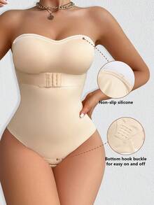 女士无缝吊带修身连体衣，前开襟，防滑，收腰收腹 - 杏色 - 查看 3