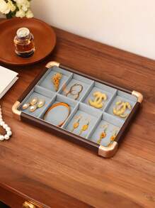 1 Pieza, Caja de almacenamiento de anillos con bordes redondeados con borde dorado, color gris, bandeja de exhibición, caja de almacenamiento de joyas, gran capacidad, madera maciza de alta calidad, para aretes, pendientes, joyería pequeña, joyería, gran capacidad, bandeja de exhibición, caja de exhibición de joyas de madera maciza, adecuada para anillos, aretes, etc., estilo retro, es una opción de regalo para mujeres, regalo del Día de la Madre, regalo para amigos, regalo para novia, regalo para familiares, regalo para maestros, regalo para colegas