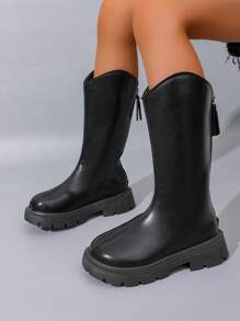 Girls' Fashion Vintage Mid-Calf Boots, Thermal Lined Warm Riding Boots For Kids Aged 5-18, Simple Versatile Soft Comfortable Leather Anti-Slip Durable Rubber Sole, Easy Wear Children Long Boots, Outdoor Play Black Matte High Tube Boots Spring/Autumn 2025 New