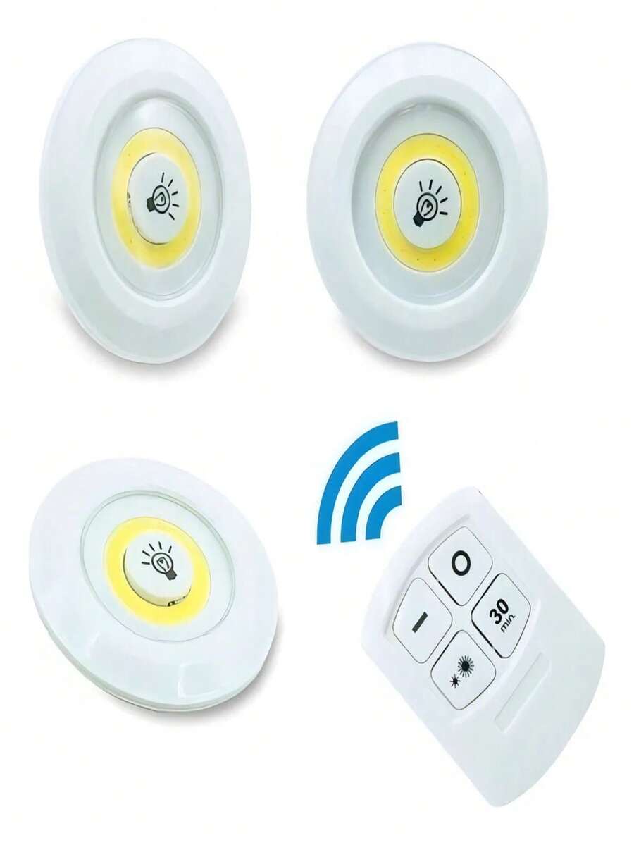 Kit de 3 lámparas, focos LED, inalámbricos, control remoto, color: blanco - luz blanca - Ver 1
