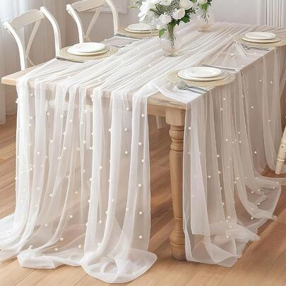 1 chiếc khăn trải bàn ren ngọc trai trắng, khăn trải bàn tiệc phong cách Boho, vải lưới chiffon satin, thích hợp để may váy, tự làm đồ thủ công, dùng cho sinh nhật, ngày Valentine, tiệc cưới, thảm trải bàn ăn, trang trí bàn Giáng sinh.