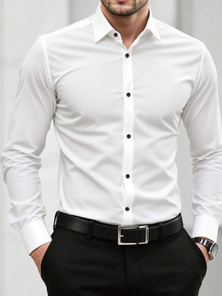 Men's Solid Color Long Sleeve Single-Breasted Casual Commuter Shirt, Basic Long Sleeve Business Shirt, Casual Business Formal Shirt,Fall