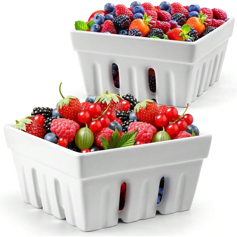 Juego de cestas de cerámica para bayas con tazón de frutas de cocina Ute con agujeros de drenaje/Recipiente de almacenamiento para fresas - 1 - Ver 1
