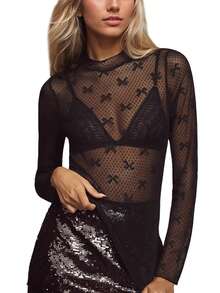 Women Slimming Mesh Tops Long Sleeve Mock Neck Bow Print  T-Shirt - Black - View 1