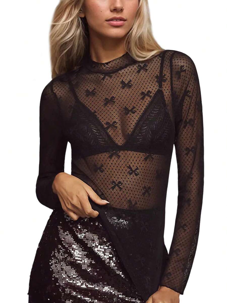 Women Slimming Mesh Tops Long Sleeve Mock Neck Bow Print  T-Shirt - Black - View 1