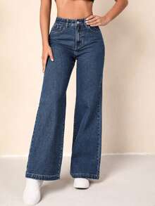 女士时尚简约纽扣前口袋牛仔裤，休闲日常穿着 - 藍色 - 查看 2