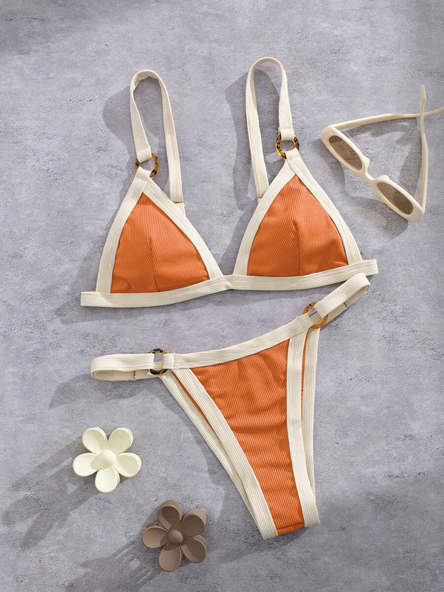 女士新款欧美风分体式比基尼套装度假装 - 橘色 - 查看 1