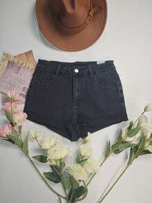 女士水洗牛仔松紧腰紧身短裤，休闲舒适的夏季短裤 - 深灰色 - 查看 4